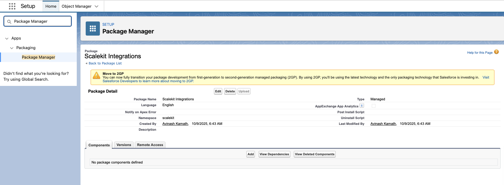 Namespace saved confirmation in Developer Edition Org Package Manager