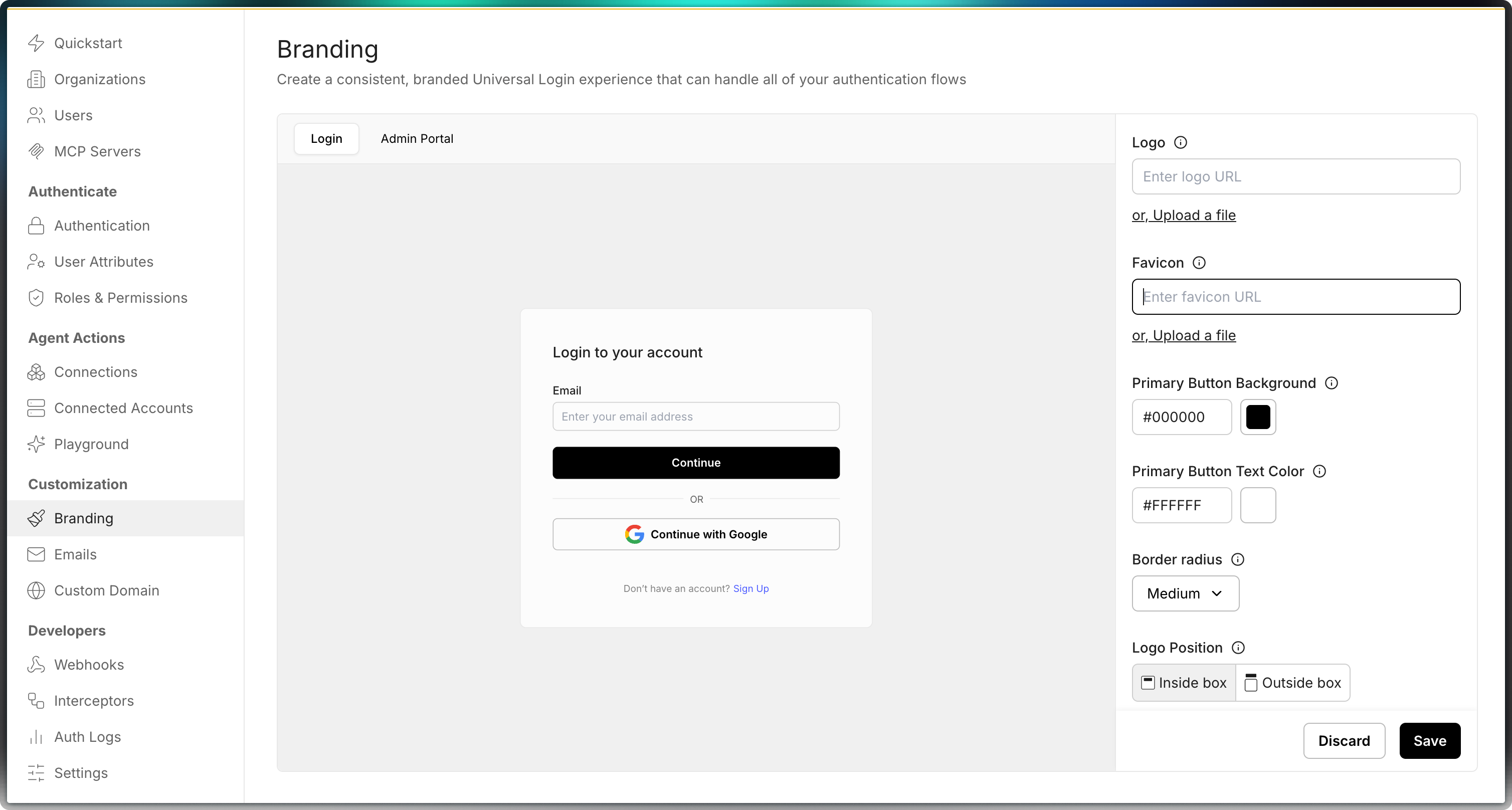 Scalekit Branding page with a login page preview and controls for logo, favicon, button colors, border radius, and logo position